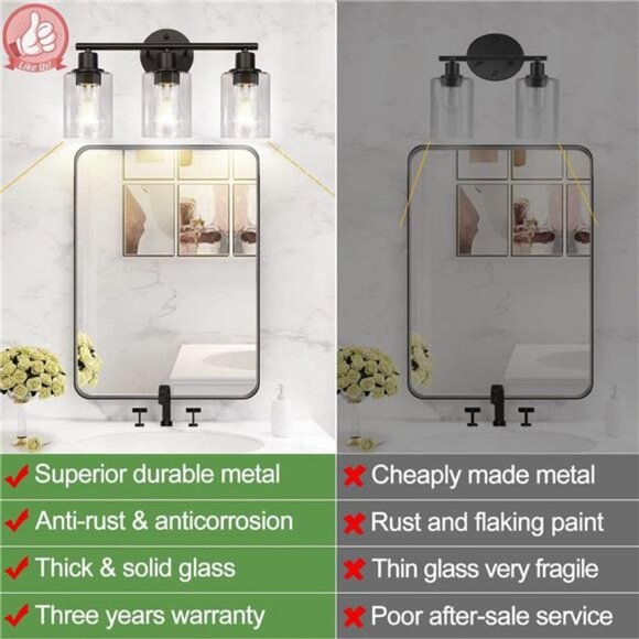 3-Light Bathroom Light Fixtures, Black Modern Vanity Lights with Clear Glass - Picture 3 of 7